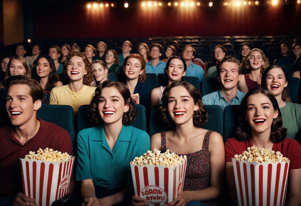 A cinematic scene depicting a diverse group of people immersed in a movie theater, their expressions reflecting a range of emotions from joy to sadness. Surround the theater with subtle hints of iconic film elements, like a film reel and popcorn, blending into a dreamy atmosphere. Add soft, ethereal lighting that evokes nostalgia and emotional depth. Capture the essence of storytelling and its profound impact on viewers. super-realistic. vibrant colors. dreamy ambiance.