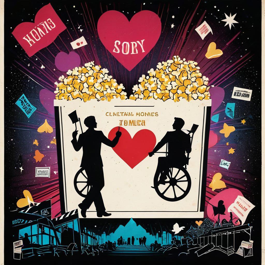 A film reel unfurling to reveal a heart-shaped collage of iconic movie scenes, each one depicting emotional moments that resonate with viewers. Soft light illuminating the reel, with subtle sparkles to symbolize joy and surprise. In the background, a silhouette of an audience captivated, creating a connection between the screen and their hearts. Cinematic elements like popcorn and clapperboards intertwined among the scenes. colorful, cinematic illustration. vibrant colors.