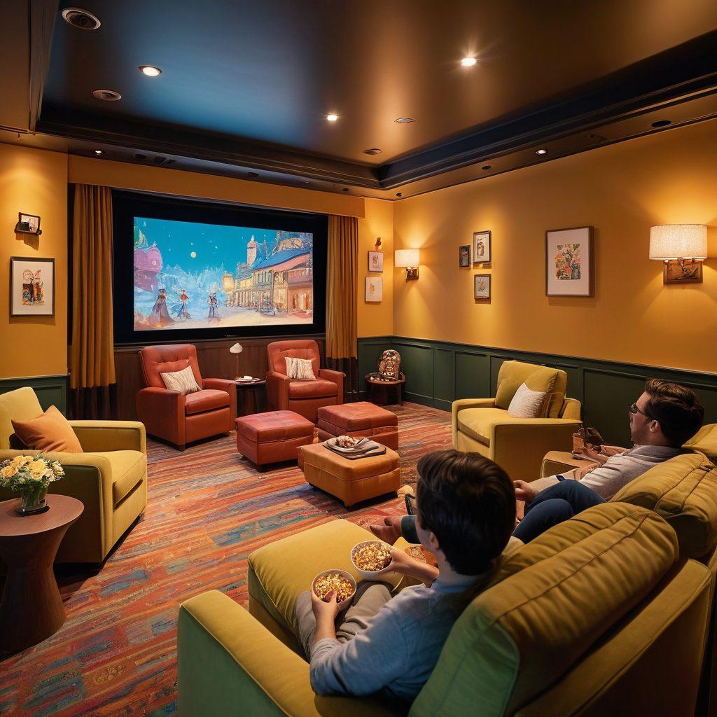 A charming scene of a cozy home theater filled with people captivated by a vibrant film on screen, with joyful expressions on their faces. Shadows dance on the walls, while popcorn and shared laughter fill the air, embodying the magic of storytelling. Elements like reel film strips and colorful storybook illustrations are subtly integrated into the design. soft-focus, warm lighting, inviting atmosphere.